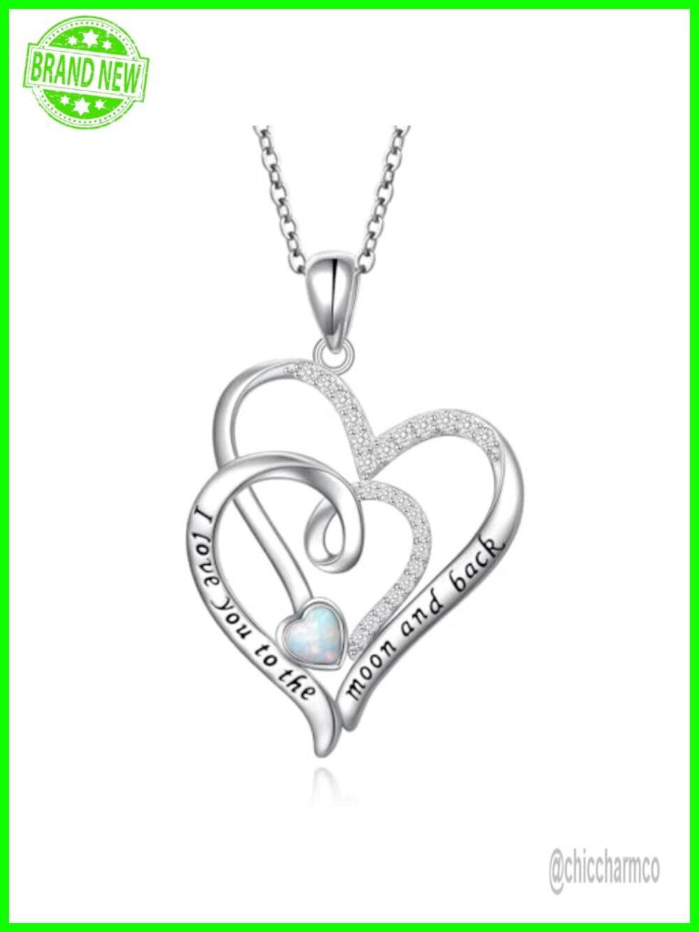 925 Sterling Silver Opal Heart Necklace Love You Moon Back Pendant